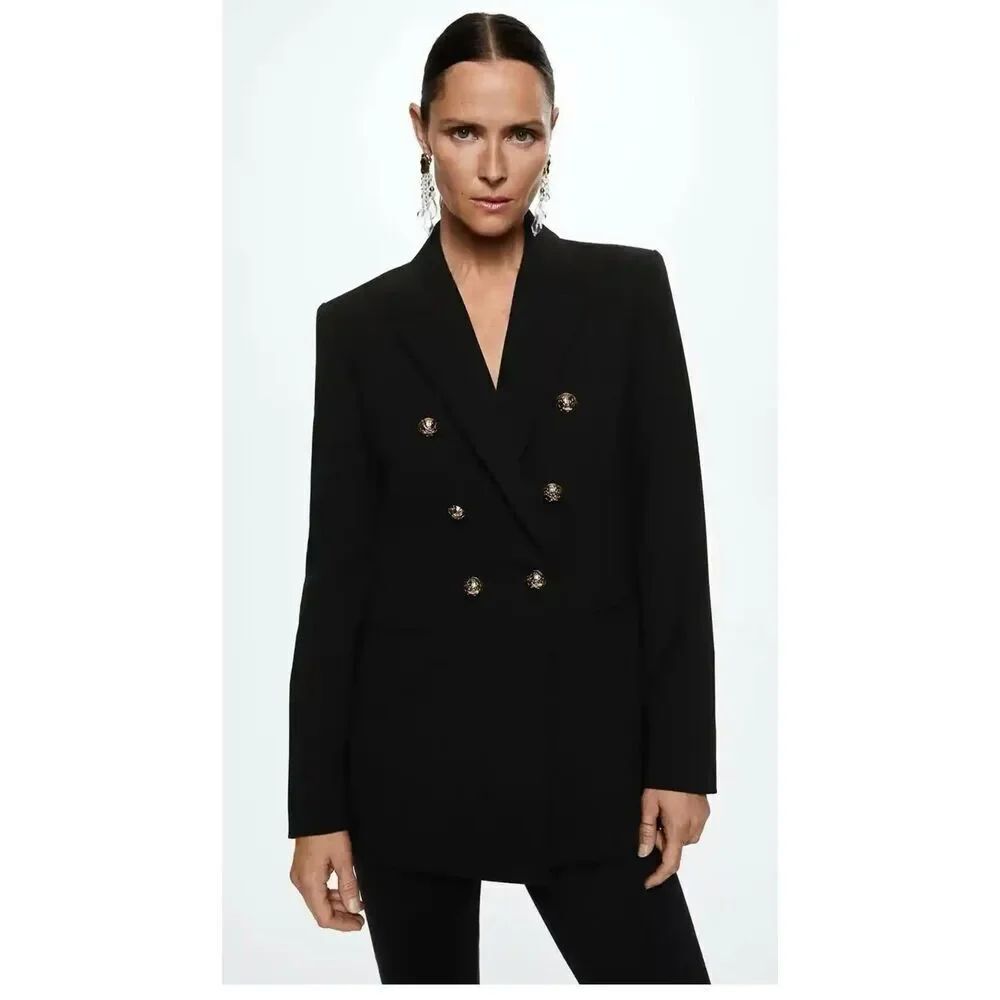 Boston Proper Gold-Tone Buttons Double Breasted Tailored Blazer Black Size 4